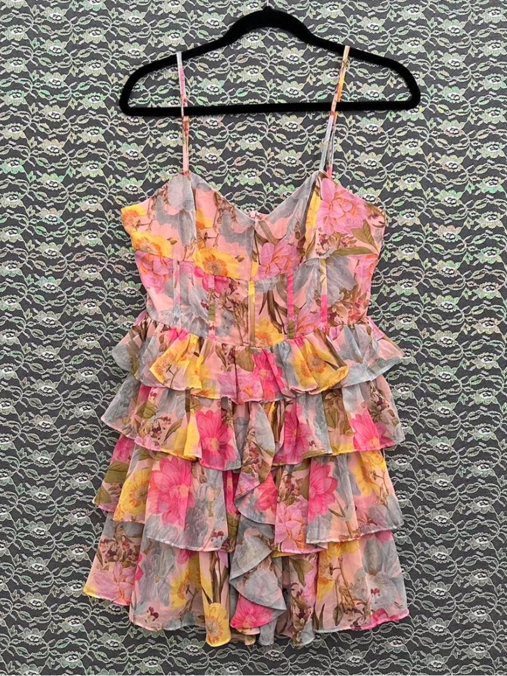 Floral Tiered Ruffle Mini Dress - Pink & Yellow